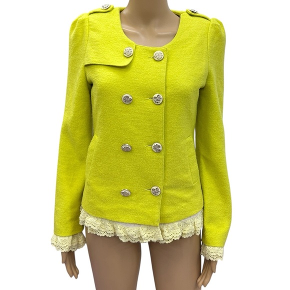 Vintage Wool Blend Yellow Chartreuse Coat Removable Button Off Lace Trim Medium - Picture 3 of 15